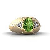 14K Yellow Gold Genuine Oval Peridot and Diamond Men's Ring