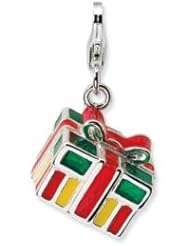 Sterling Silver Enameled Holiday Gift Box Clip On Charm with Lobster Clasp in Gift Box