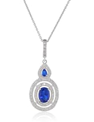 Halo Sterling Silver Oval and Pear Created Ceylon Sapphire Round Created White Sapphire Pendant Necklace, 18"