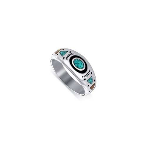 925 Sterling Silver Turquoise and Coral Gemstone 9mm wide Southwestern Style Band Ring Size 4 to15