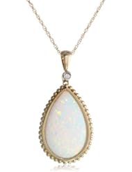 10k Yellow Gold, Teardrop Created Opal, and White Diamond Pendant Necklace, 18"