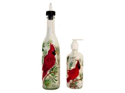 ArtisanStreet's Cardinal Design Pour Bottle & Soap Pump Dispenser Set. Hand Painted & Signed By Artisan.