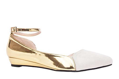 Andres Machado.AM5095.Gold faux Leather & Off-White Suede Ankle Ballet Flats.Big sizes from US 11.5 to 13