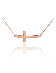 14k Solid Rose Gold Sideways Curved Cute Cross Necklace for Women