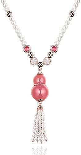 HuiEn Women's 18K Rose Gold Plated Imitation Pearl Opal Zircon Czech Drill Crystal Long Necklace Pendant for Sweater Chain Length 32inchs