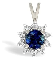 14K White Gold Genuine Round Sapphire and Diamond Pendant