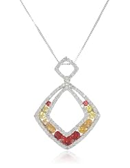 10k White Gold Shades of Orange Sapphire and Diamond Cushion Cut Pendant Necklace, 18"