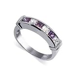 Nickel Free Tarnish Free Sterling Silver Emerald Shaped Clear and Amethyst Cubic Zirconia Rhodium Plated Polished Finished 4mm Band Ring Size 5, 6, 7, 8, 9, 10