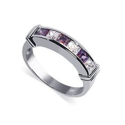 Nickel Free Tarnish Free Sterling Silver Emerald Shaped Clear and Amethyst Cubic Zirconia Rhodium Plated Polished Finish 4mm Band Ring Size 5, 6, 7, 8, 9, 10