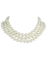 Kenneth Jay Lane 3 Row Glass Pearl, Rhodium plated and Crystal Clasp Necklace
