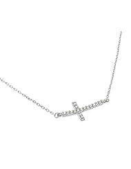 Sterling Silver Rhodium Plated Sideways Curved Cz Cross Necklace 16 Inch Plus 1 Inch Adjustable