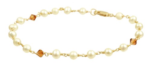 Gold Plated Sterling Silver Blue Topaz Crystallized Swarovski Elements Bicone Beads and Freshwater Cultured Pearl Bracelet, 7.5