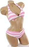 Sexy Pink and White Striped Bathing Suit Adjustable Triangle Halter Top Bikini Swimsuit