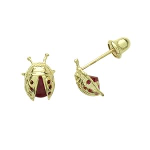 14K Gold Stud Earring Lady Bugs W/ Red CZ Stone Yellow Gold Earring