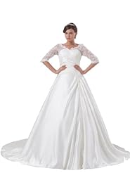 V-neck  Satin Elbow Length Sleeves Lace Beaded Sequined Empire   Waistline  Ball Gown  Dress