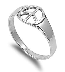 Sterling Silver Ring - Peace Sign - Face Height: 9 mm - Band Width: 3 mm - Size: 4-12