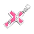 Sterling Silver Pendant - Pink / Clear Cubic Zirconia - Cross - Latin - 15mm Height