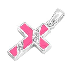 Sterling Silver Pendant - Pink / Clear Cubic Zirconia - Cross - Latin - 15mm Height