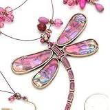 Pink Color Enamel & Austrain Rhinestone Dragonfly Bead Wire Necklace and Earrings Set