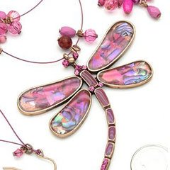 Pink Color Enamel & Austrain Rhinestone Dragonfly Bead Wire Necklace and Earrings Set
