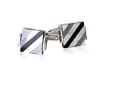 Elegant Mother of Pearl, Hematite, and Onyx Striped Silver Cufflinks with Presentation Box