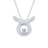 Sterling Silver Created White Sapphire and Diamond Taurus Pendant (0.005 cttw, I-J Color, I2 Clarity), 18"
