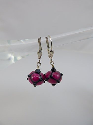 Hot Pink and Black Artisan Lampwork Bead Earrings on Sterling Silver Leverback Ear Wires