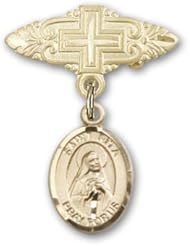 14K Gold Baby Badge with St. Rita Baseball Charm and Badge Pin with Cross