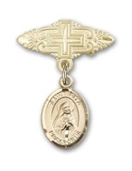 Gold Filled Baby Badge with St. Rita Baseball Charm and Badge Pin with Cross
