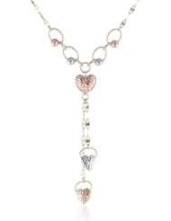 14K Tri-Color Yellow, White and Rose Gold Hearts and Beads Y-Shape Necklace, 16.5"+1" Extender