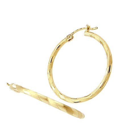 14k Yellow Gold Hoop Earrings Brushed Stripe Large 1.50 inch