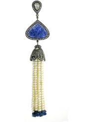 18kt Gold Diamond Pave Blue Sapphire & Pearl Beads Tassel Pendant Silver Jewelry
