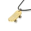 Stainless Steel Gold Tone Skull Design Skateboard Pendant w. Rubber Cord Necklace