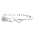 White Gold Rhodium Bonded 7.5" Pave Heart and Key Bracelet