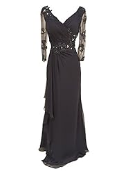 A-line V-neck Chiffon Lace Ruched Sheer Beaded Long Sleeves Mother-of-the-Bride Dress 