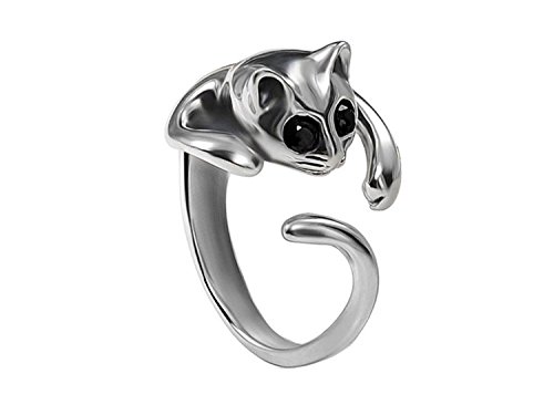 Silver Color Cat Ring with Black Eyes