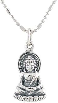 Small Young Buddha Necklace in Sterling Silver on an 18" Rhodium and Sterling Bead + Bar Chain, #104
