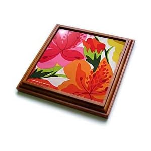 Retro 70s Vibrant Big Floral Print on White - 8x8 Trivet With 6x6 Ceramic Tile by 