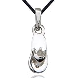 Platinum Plated Sterling Silver Genuine Diamond Accent Flip Flop Pendant on Black Thread, 18
