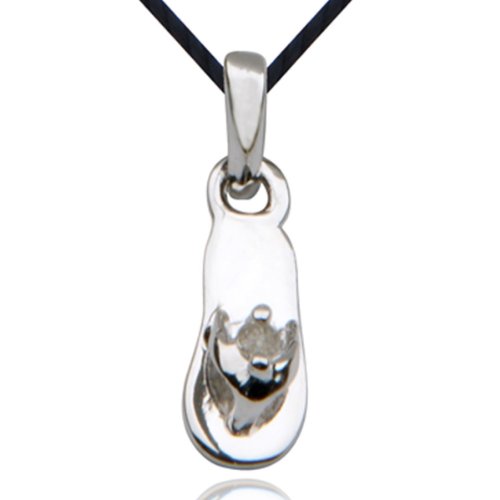 Platinum Plated Sterling Silver Genuine Diamond Accent Flip Flop Pendant on Black Thread, 18"