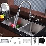 Kraus Kraus Stainless Steel 33 inch Undermount 70/30 Double Bowl Kitchen Sink with Kitchen Faucet and Soap Dispenser KHU103-33-KPF2150-KSD20