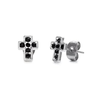 Rnb Jewelry Stainless Steel Cross Cubic Zirconia Mens Stud Earrings (Silver, Black Cz) (Jewelry)