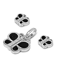 Sterling Silver Nature Bug Fashion Design Black Butterfly Pendant and Earrings Jewelry Set