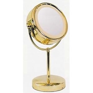 Fluorescent Lighted Pedestal 10X to 1X Make-Up Mirror in Brass by 