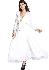V-neck Polyester/Spandex Bell Sleeves Slit Sheer Belted Floor Length Plunging Neck Maxi Dress 