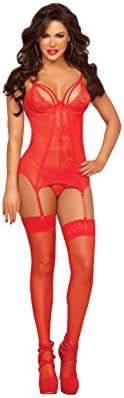 Seven Til Midnight Women's Double Dare Two Piece Lace Merrywidow and Thong Set, Red, One Size