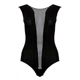 Womens Black Sleeveless Vest Front Sheer Mesh Panel Ladies Bodysuit Leotard Top Size 8-14