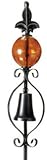 Fleur de Lis Bell Iron Garden Stake with Amber Crackle Suncatcher Glass Gazing Globe