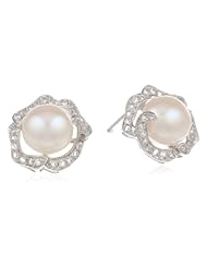 Sterling Silver, White Topaz, and Freshwater Cultured Pearl (9.5-10mm) Flower Earrings