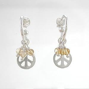 Round Peace Sign Dangle Hoop Earrings in Sterling Silver with Citrine Beads, #8374